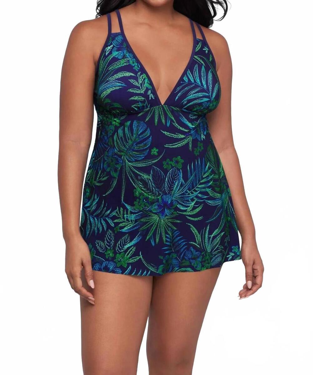 NEW TRIMSHAPER tracey swim dress one piece in tropical tessellation